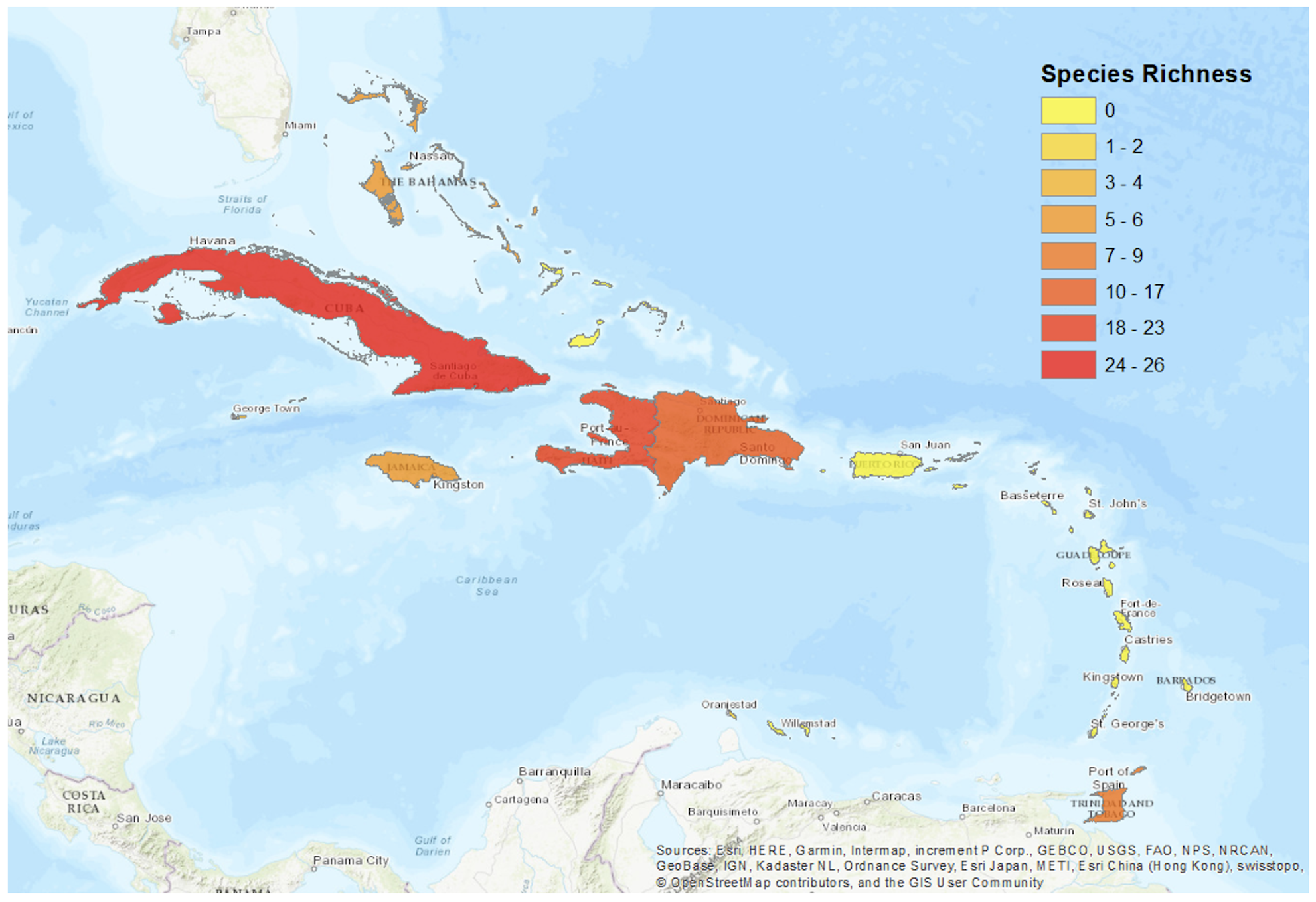 Species Richness of freshwater fishes in the Caribbean by country of occurrence