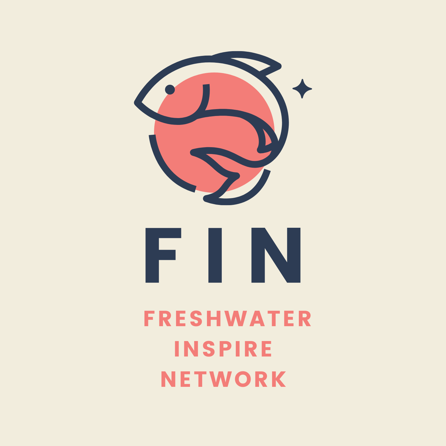 Illustrated logo for the Freshwater Inspire Network with a grey fish on a pink circle on a beige background.